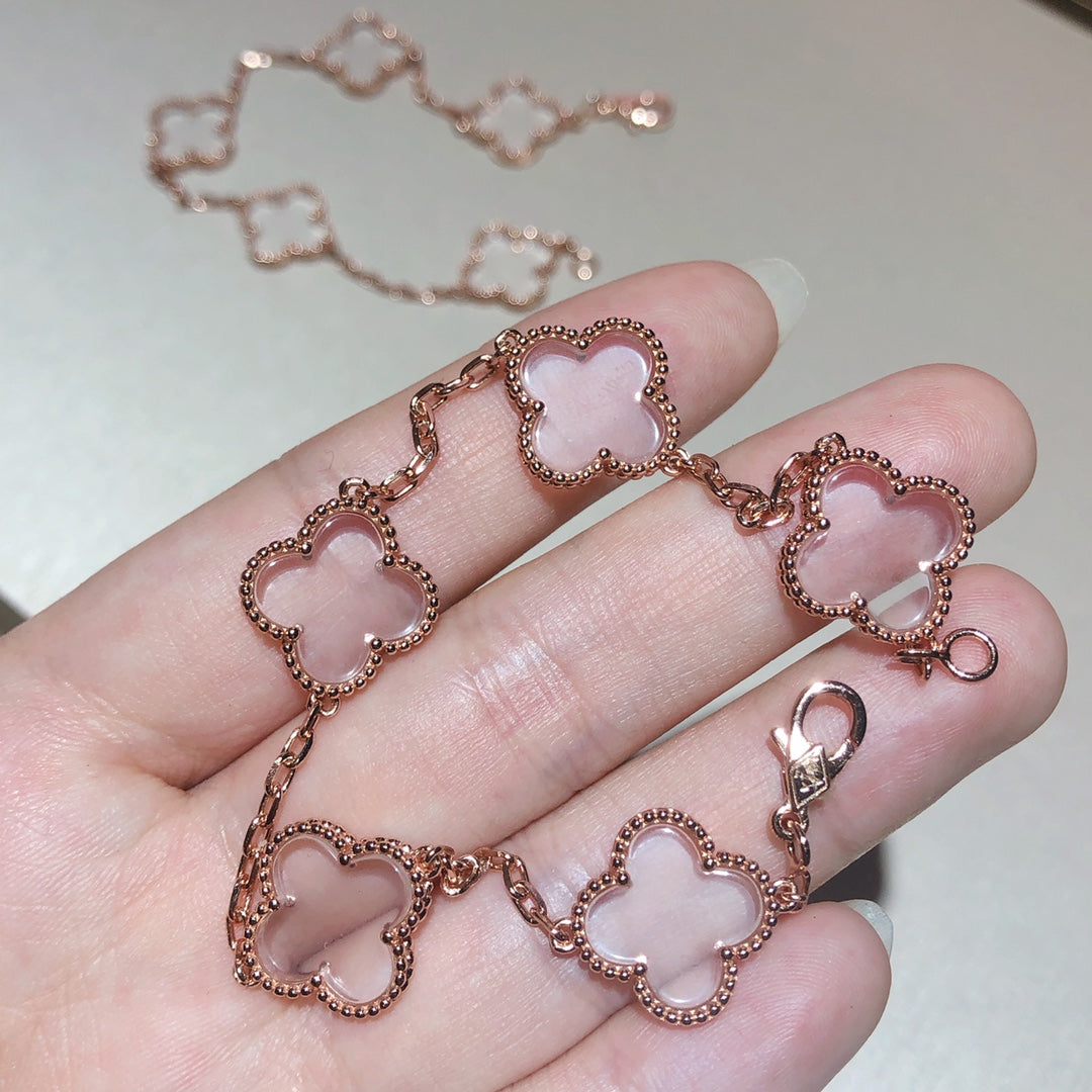 [Clover Jewels]CLOVER 5 MOTIF ROCK CRYSTAL PINK GOLD BRACELET