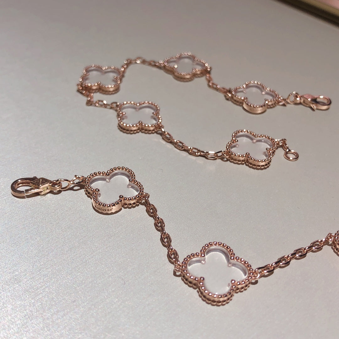 [Clover Jewels]CLOVER 5 MOTIF ROCK CRYSTAL PINK GOLD BRACELET