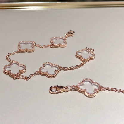 [Clover Jewels]CLOVER 5 MOTIF ROCK CRYSTAL PINK GOLD BRACELET