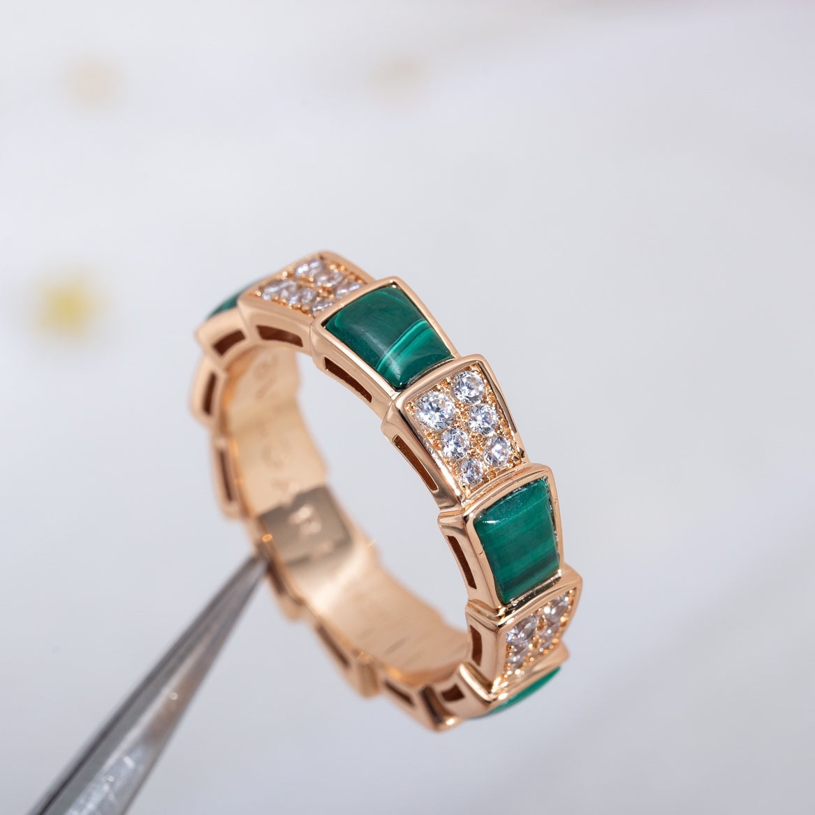 [Clover Jewels]SERPENTI RING PINK GOLD MALACHITE DIAMOND PAVED 4MM