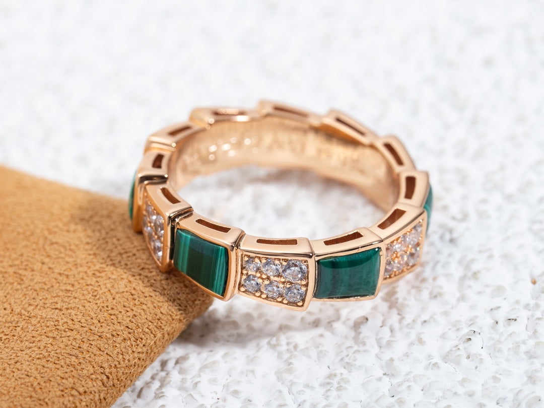 [Clover Jewels]SERPENTI RING PINK GOLD MALACHITE DIAMOND PAVED 4MM