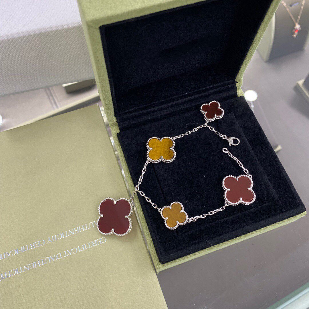 [Clover Jewels]CLOVER 5 MOTIFS SIVLER CARNELIAN TIGER EYE BRACELET