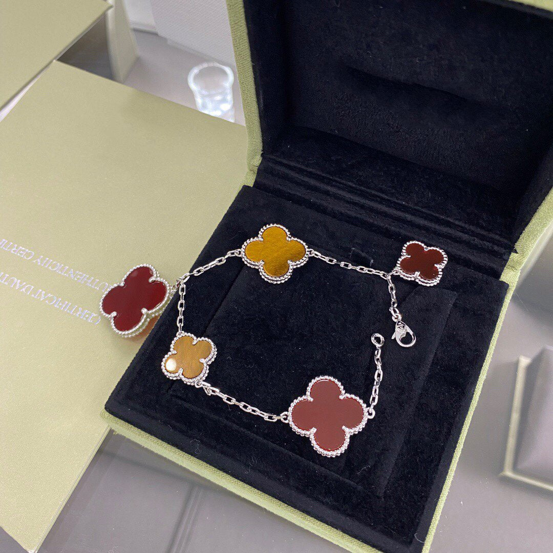 [Clover Jewels]CLOVER 5 MOTIFS SIVLER CARNELIAN TIGER EYE BRACELET