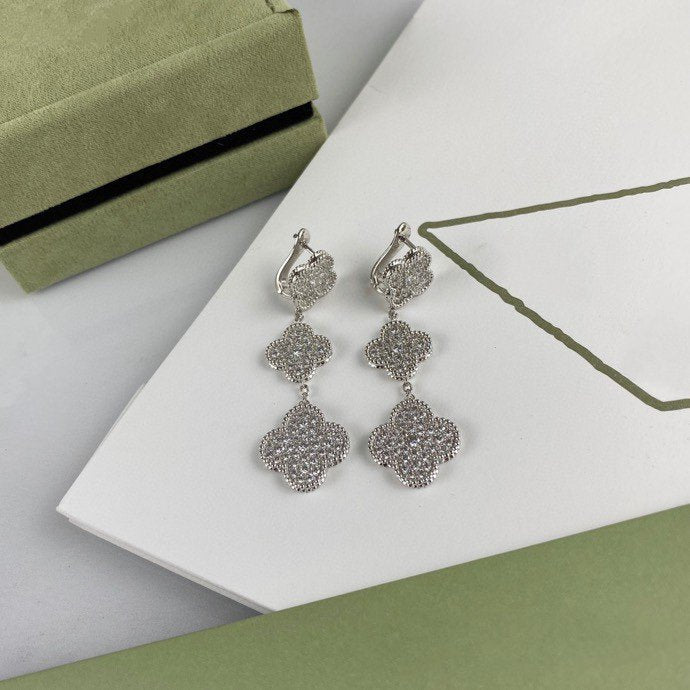 [Clover Jewels]CLOVER 3 MOTIF DIAMOND SILVER DROP EARRINGS