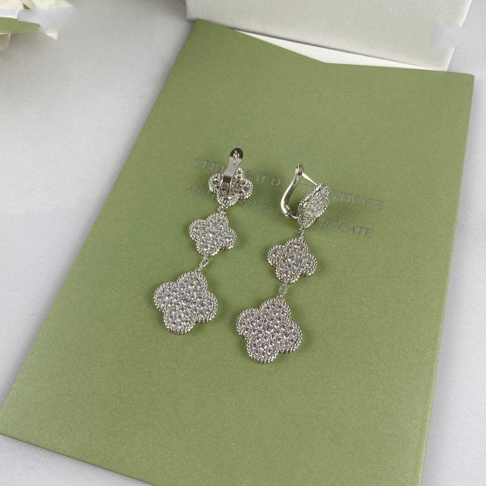 [Clover Jewels]CLOVER 3 MOTIF DIAMOND SILVER DROP EARRINGS