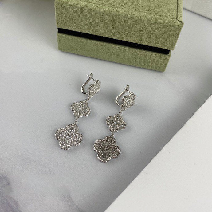 [Clover Jewels]CLOVER 3 MOTIF DIAMOND SILVER DROP EARRINGS