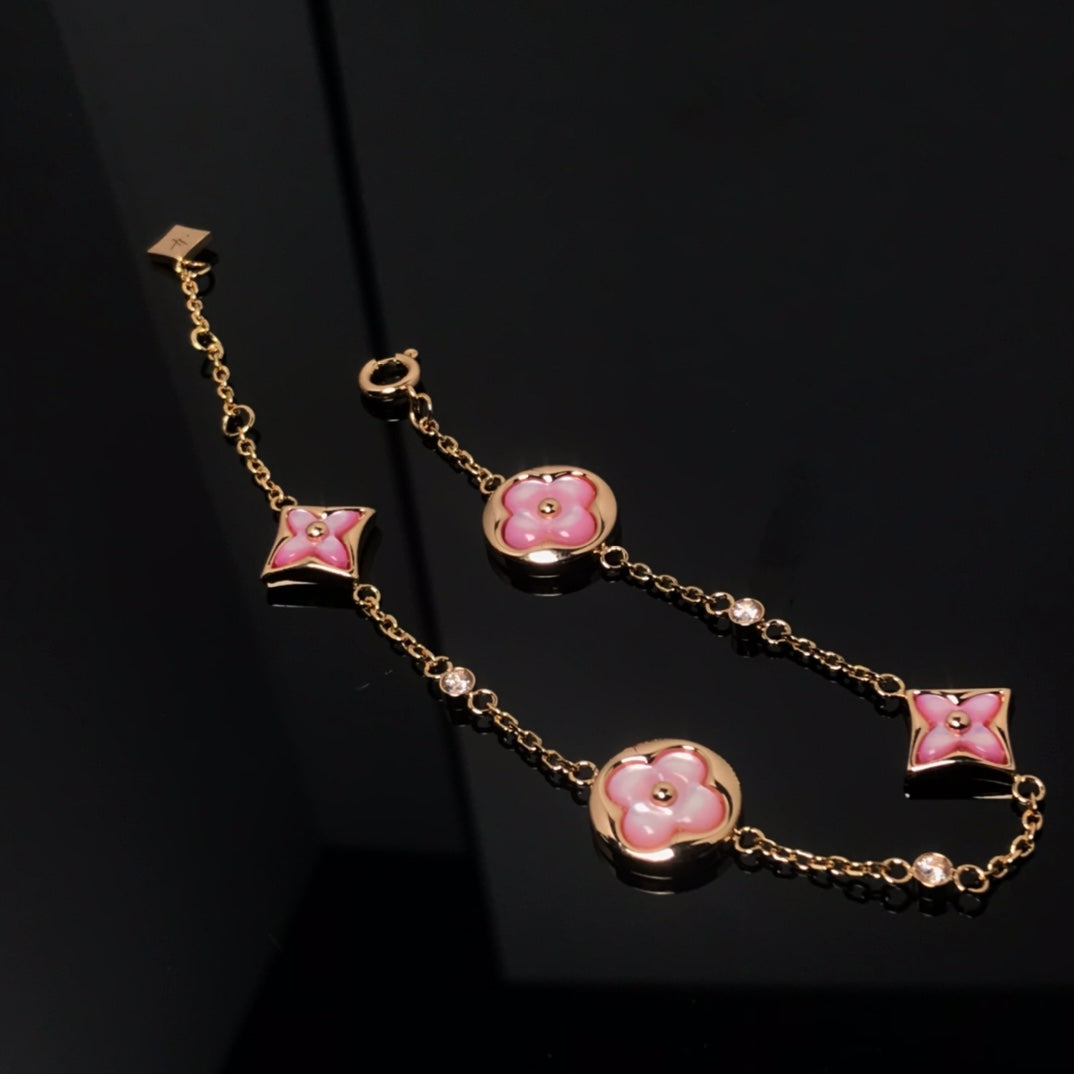 [Clover Jewels]STAR AND SUN 4 MOTIF PINK MOP PINK GOLD BRACELET