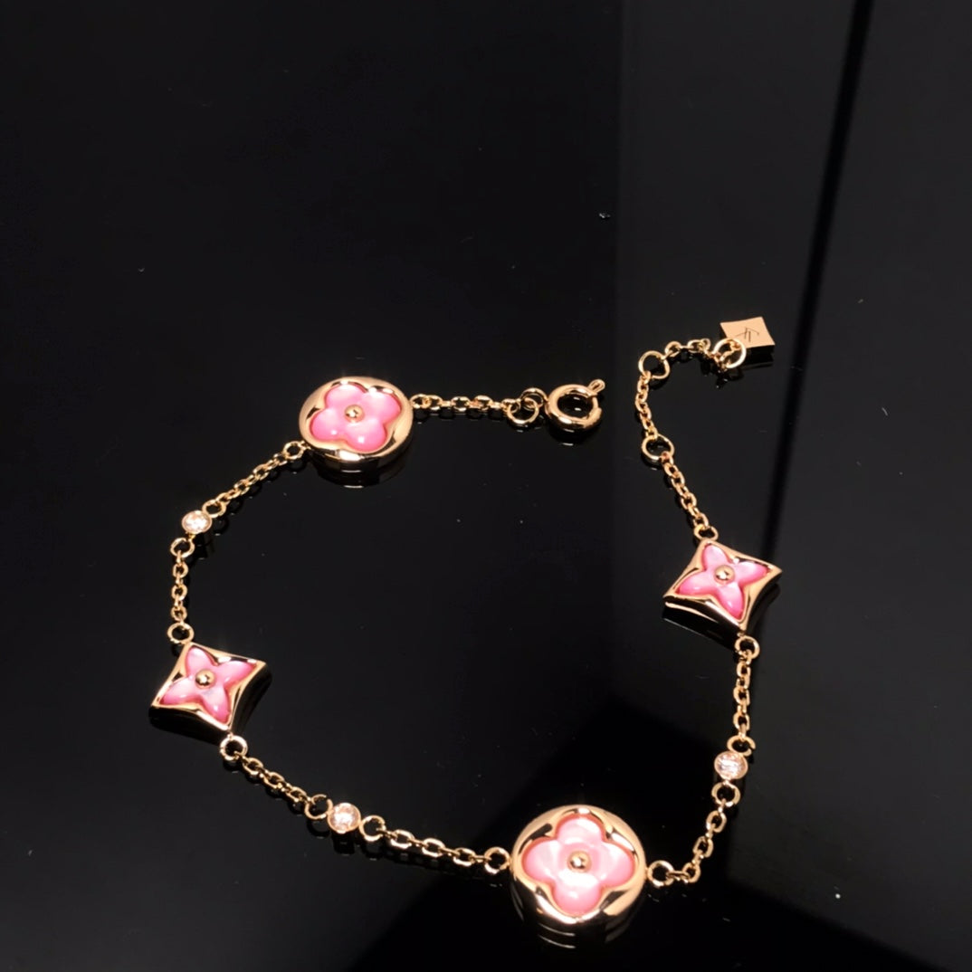 [Clover Jewels]STAR AND SUN 4 MOTIF PINK MOP PINK GOLD BRACELET