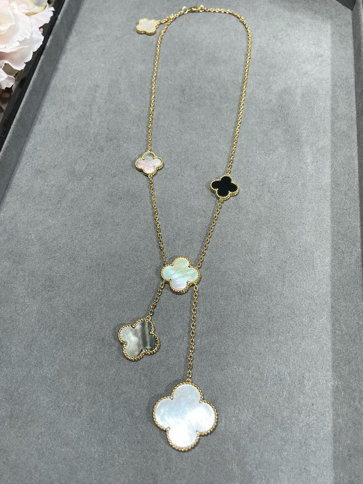 [Clover Jewels]CLOVER 6 MOTIF MOP ONYX GOLD NECKLACE