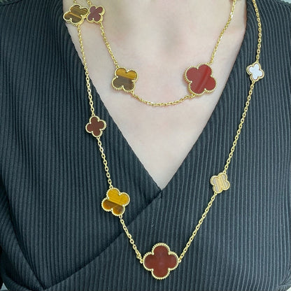 [Clover Jewels]CLOVER 16 MOTIF CARNELIAN TIGER EYE ROSE GOLD NECKLACE