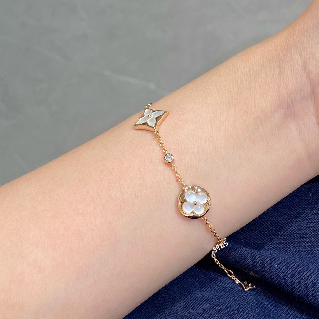 [Clover Jewels]STAR AND SUN 4 MOTIF WHITE MOP PINK GOLD BRACELET