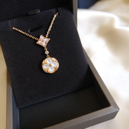 [Clover Jewels]STAR AND SUN WHITE MOP 2 MOTIF PINK GOLD NECKLACE