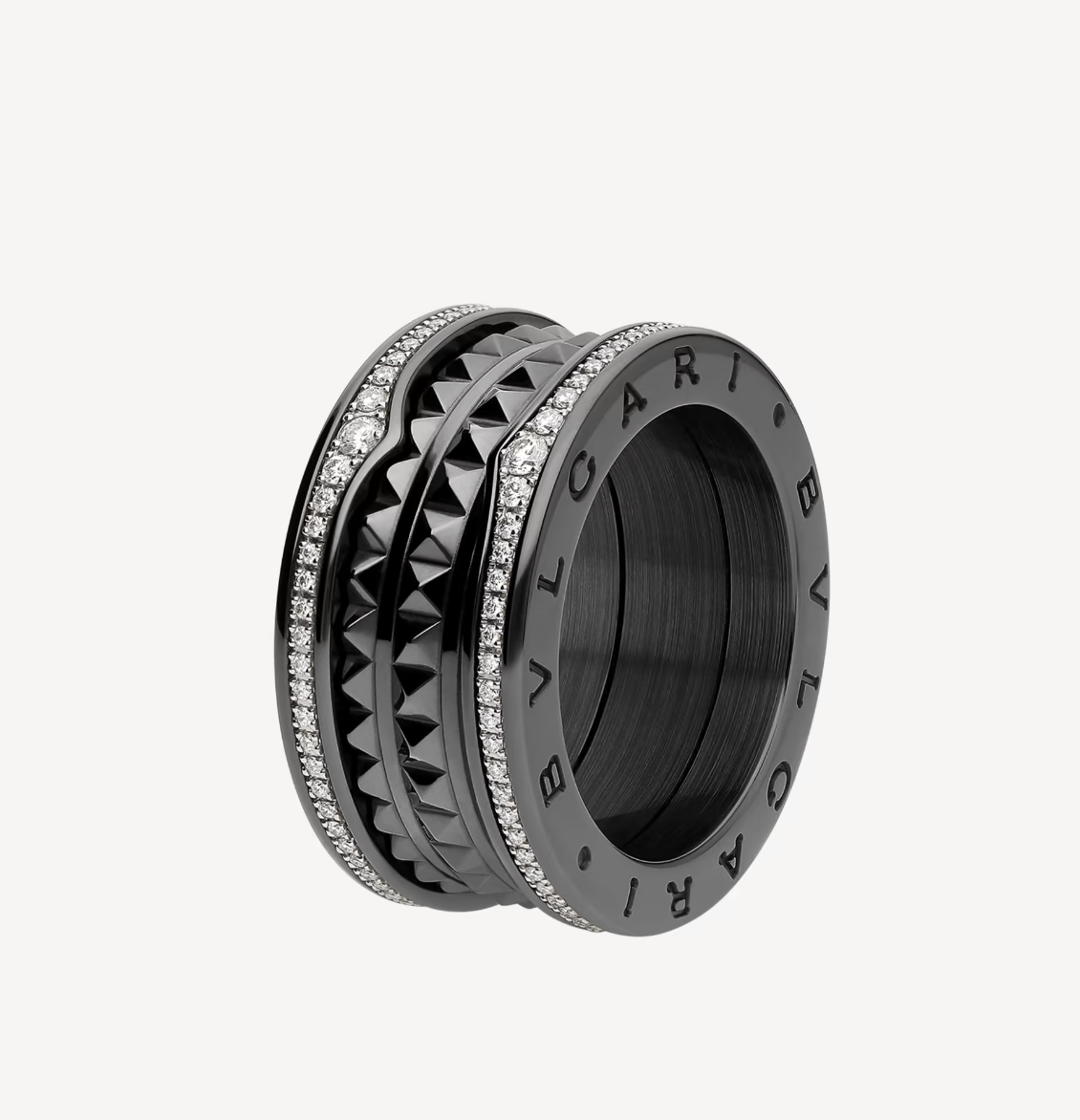 [Clover Jewels]ZERO 1 ROCK FOUR-BAND BLACK CERAMIC WITH STUDDED SPIRAL AND PAVED DIAMONDS RING