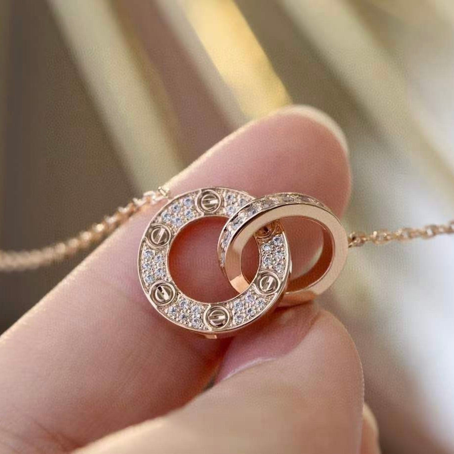 [Clover Jewels]LOVE 7.6MM NECKLACE ROSE GOLD AND SILVER  FULL DIAMOND