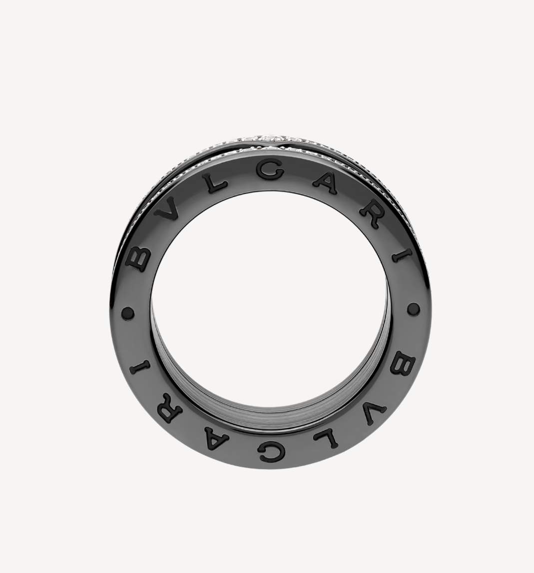 [Clover Jewels]ZERO 1 ROCK FOUR-BAND BLACK CERAMIC WITH STUDDED SPIRAL AND PAVED DIAMONDS RING