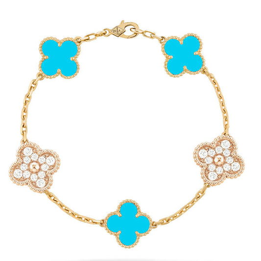 [Clover Jewels]CLOVER 5 MOTIF TURQUOISE DIAMOND GOLD BRACELET