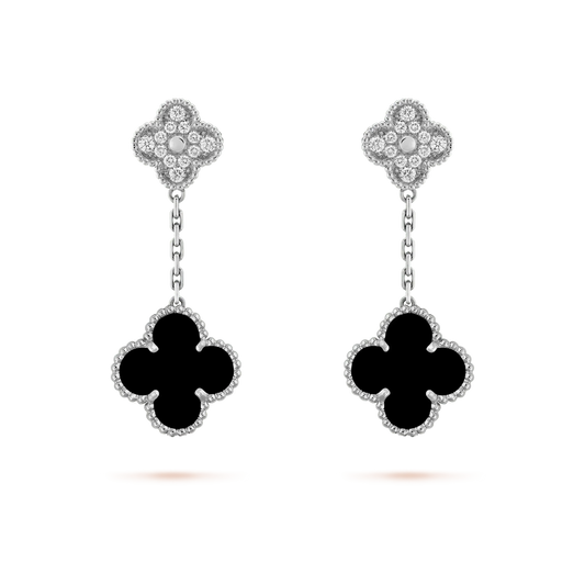 [Clover Jewels]CLOVER 2 MOTIFS  DIAMOND ONYX EARRINGS SILVER