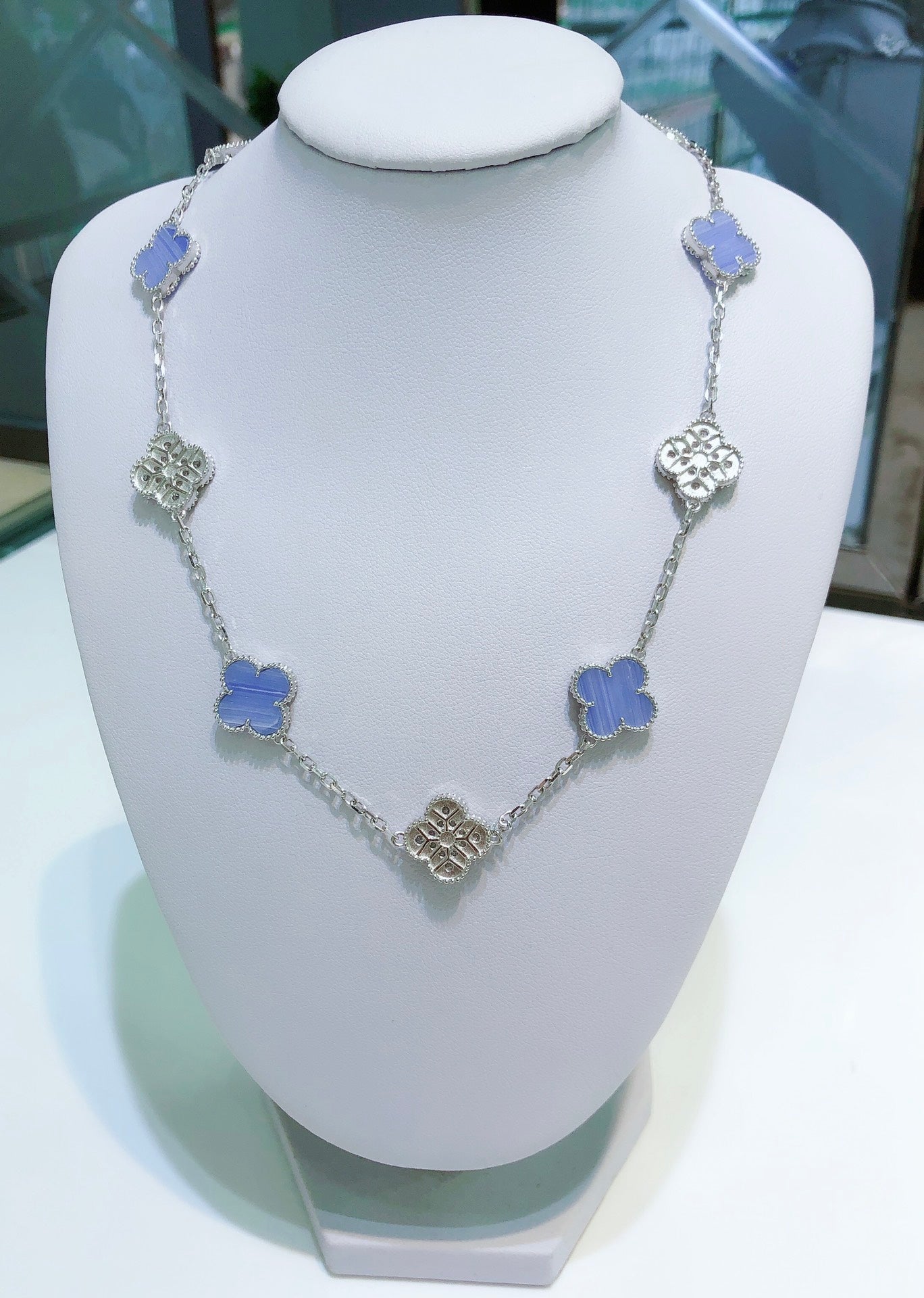 [Clover Jewels]CLOVER 10 MOTIFS CHALCEDONY DIAMONDS SILVER NECKLACE