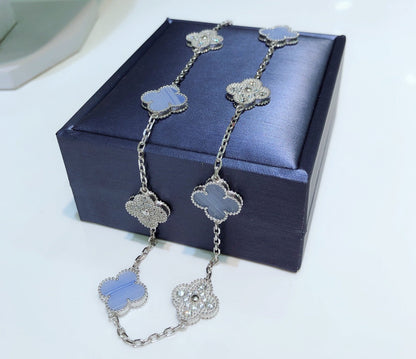 [Clover Jewels]CLOVER 10 MOTIFS CHALCEDONY DIAMONDS SILVER NECKLACE