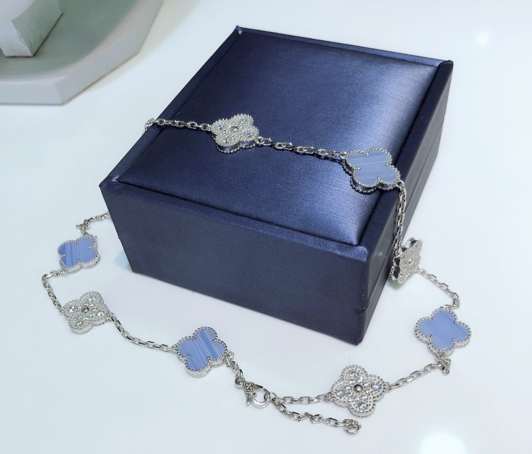 [Clover Jewels]CLOVER 10 MOTIFS CHALCEDONY DIAMONDS SILVER NECKLACE