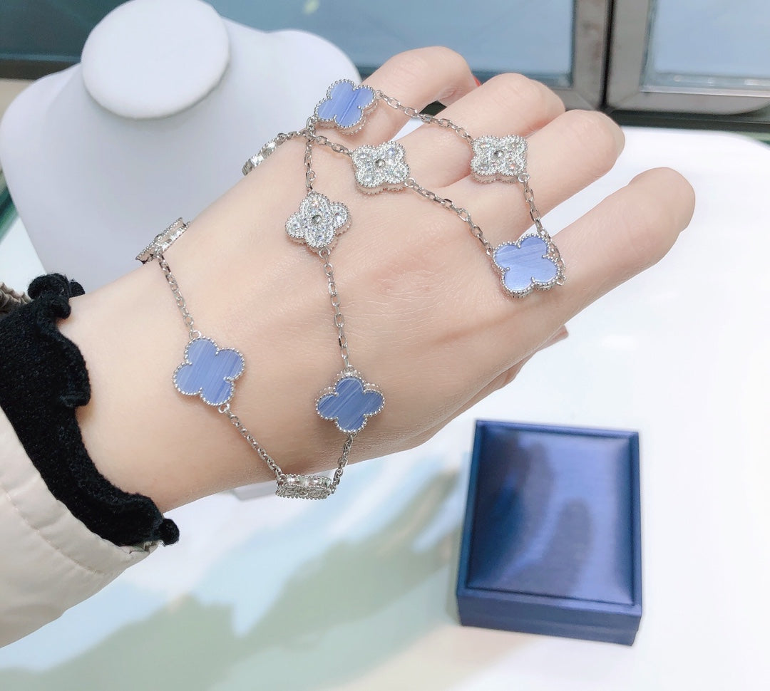 [Clover Jewels]CLOVER 10 MOTIFS CHALCEDONY DIAMONDS SILVER NECKLACE